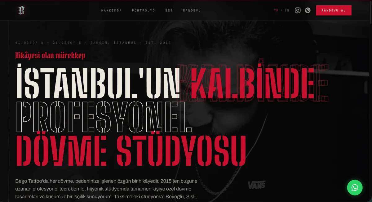 begotattoo.com dövme sanatçısı portfolyo sitesinin ana sayfası ve BegoStencil AI stencil dönüştürme aracı ekranı