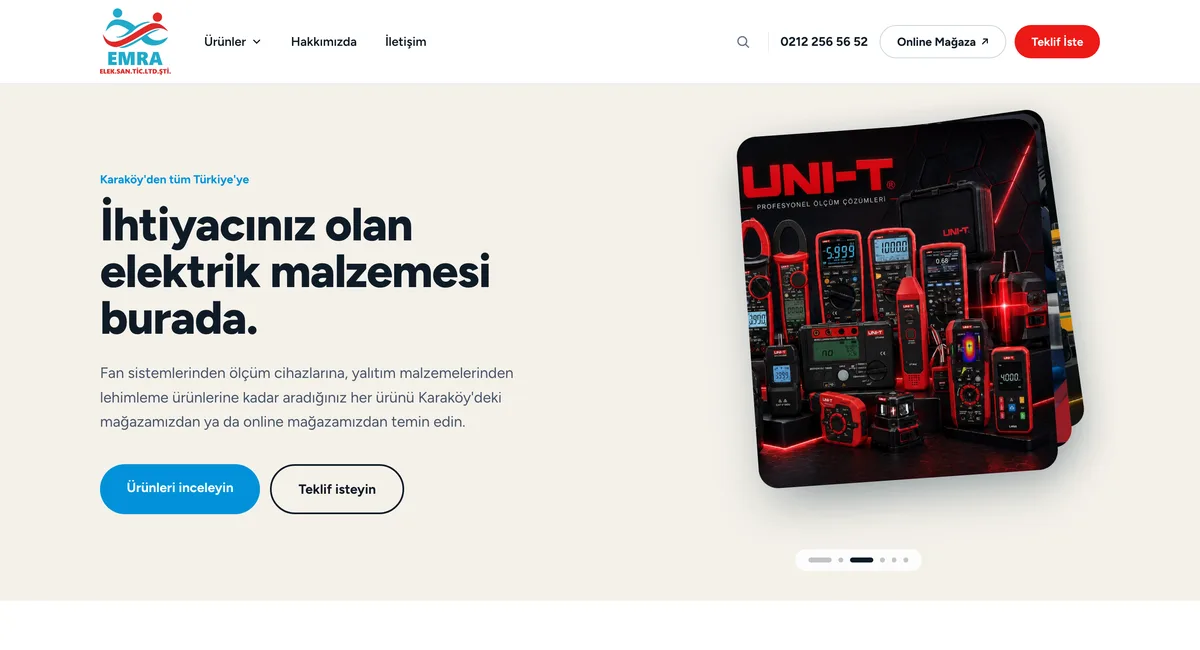 emraelektrik.com elektrik malzemesi tedarikçisinin 'İhtiyacınız olan elektrik malzemesi burada.' başlığını ve UNI-T test ölçüm cihazları görselini gösteren ana sayfası