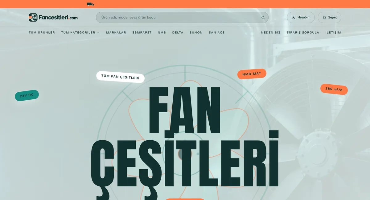 fancesitleri.com endüstriyel fan e-ticaret mağazasının büyük 'FAN ÇEŞİTLERİ' başlığını ve ürün arama alanını gösteren ana sayfası