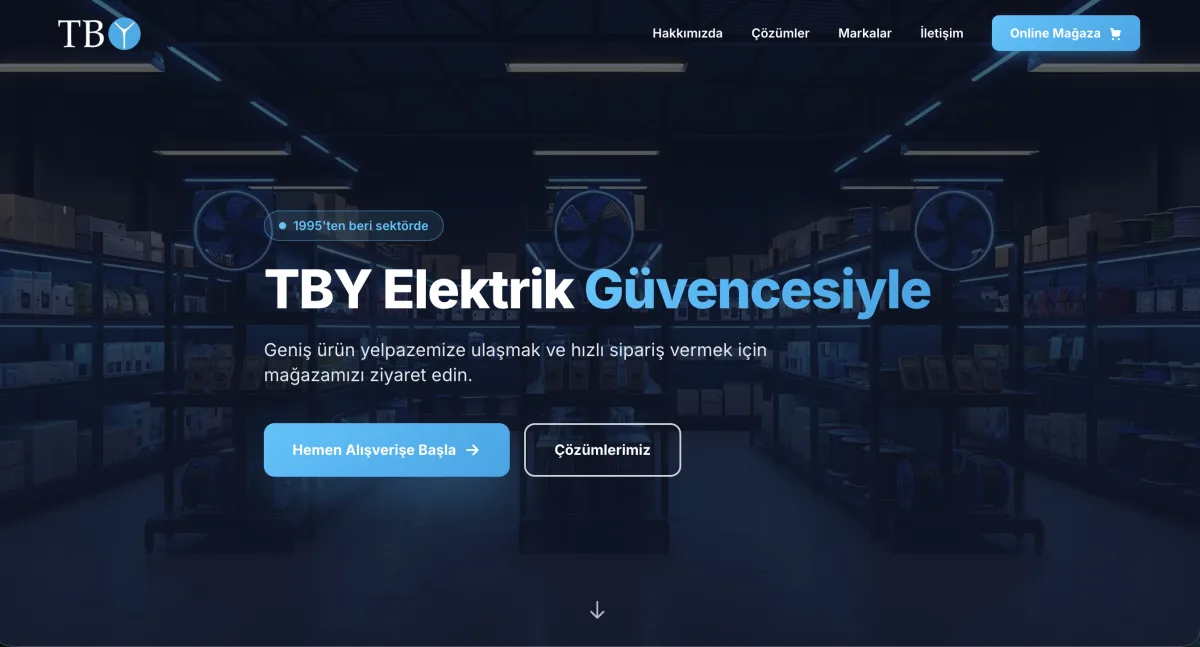 tbyelektrik.com kurumsal elektrik tedarikçisi web sitesinin koyu temalı ana sayfası ve marka vitrini